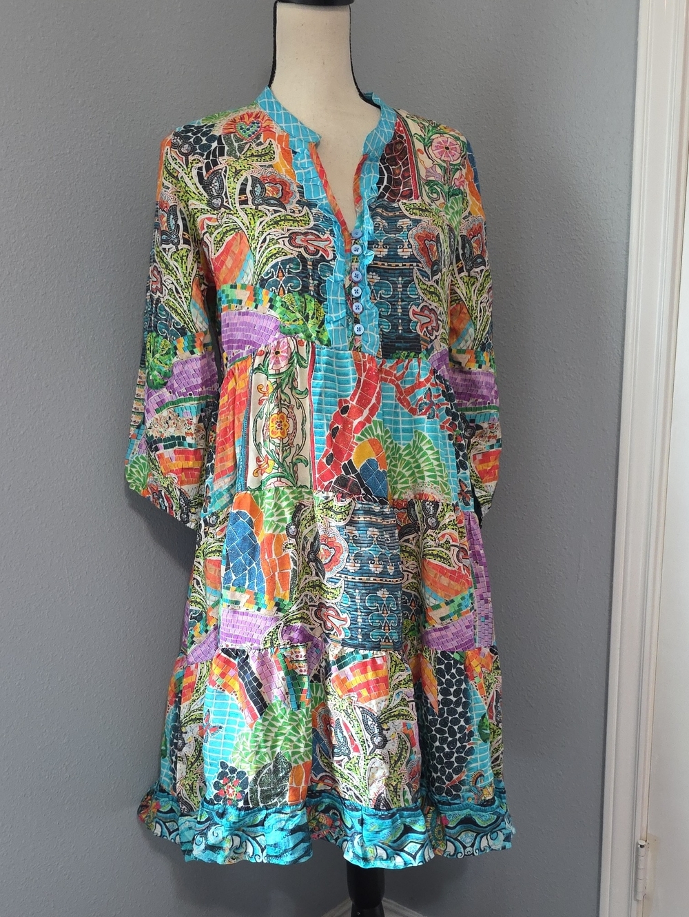 Lula Life Turquoise Grid Dress with Floral Trim